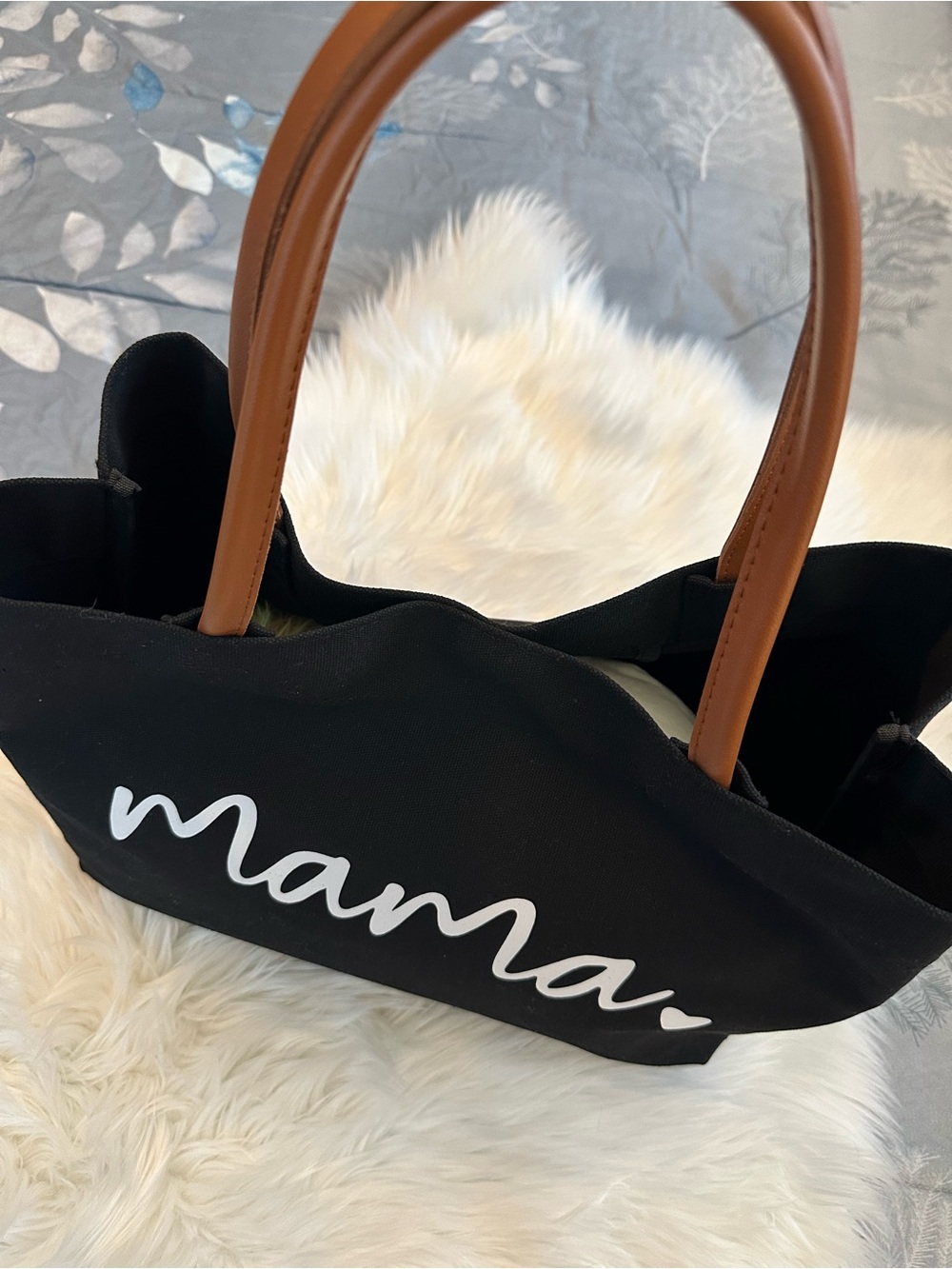 NWOT Mama Canvas Tote Bag with Brown Handles - Black & White - Picture 2 of 7